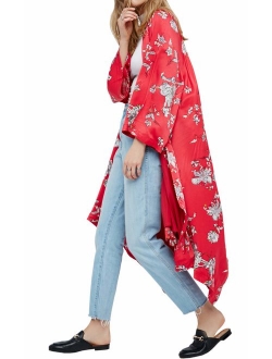 Hibluco Women's Sheer Chiffon Floral Kimono Cardigan Long Blouse Loose Tops Outwear