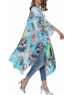 Hibluco Women's Sheer Chiffon Floral Kimono Cardigan Long Blouse Loose Tops Outwear