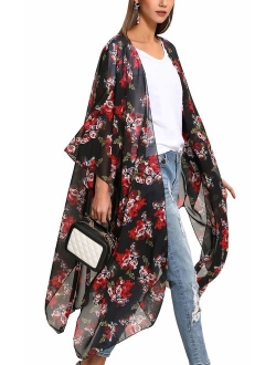 Hibluco Women's Sheer Chiffon Floral Kimono Cardigan Long Blouse Loose Tops Outwear