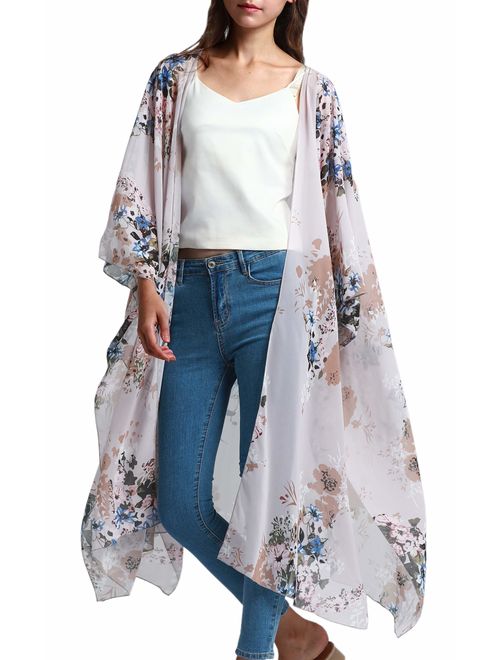 Hibluco Women's Sheer Chiffon Floral Kimono Cardigan Long Blouse Loose Tops Outwear