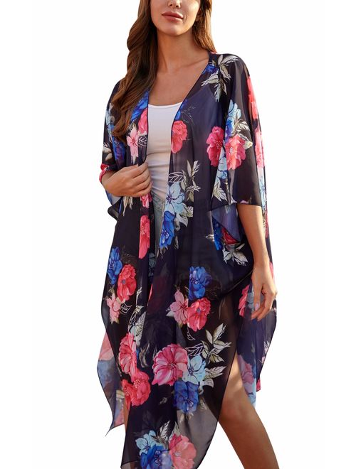 Hibluco Women's Sheer Chiffon Floral Kimono Cardigan Long Blouse Loose Tops Outwear