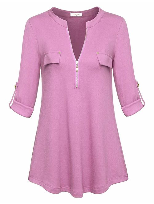 YaYa Bay Women's Notch-V Neck Long Sleeve Roll-Up Sleeve Zip Up Casual Shirt Blouse Tops