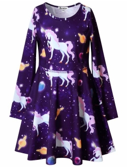 Girls Long Sleeve Desss Kid Cat Unicorn Floral Print Outfits