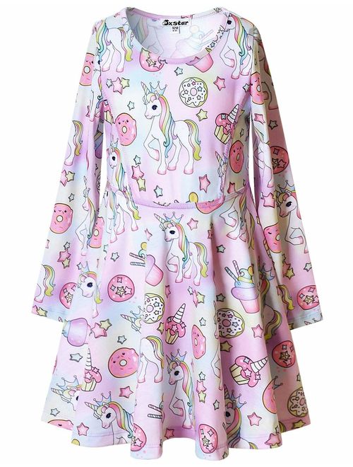 Jxstar Girls Long Sleeve Desss Kid Cat Unicorn Floral Print Outfits