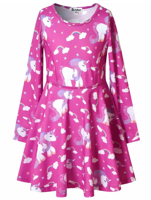 Jxstar Girls Long Sleeve Desss Kid Cat Unicorn Floral Print Outfits