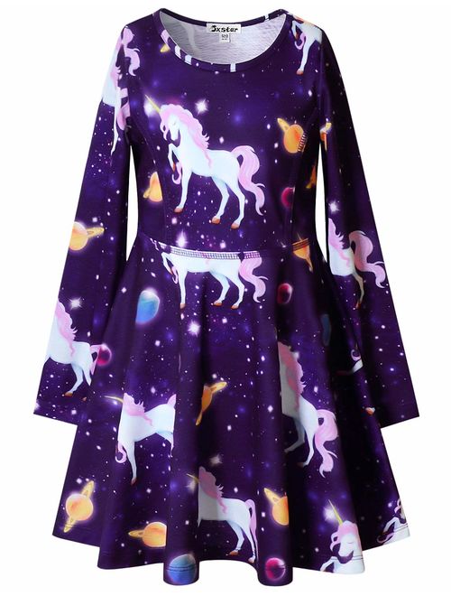 Jxstar Girls Long Sleeve Desss Kid Cat Unicorn Floral Print Outfits