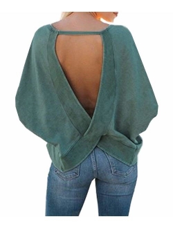 Women's Backless Loose Shirt Long Sleeve Open Back Cross Tee Top Blouse