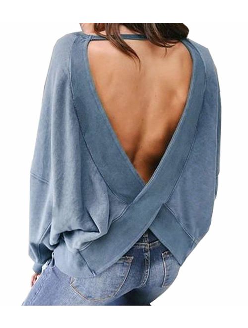 Women's Backless Loose Shirt Long Sleeve Open Back Cross Tee Top Blouse