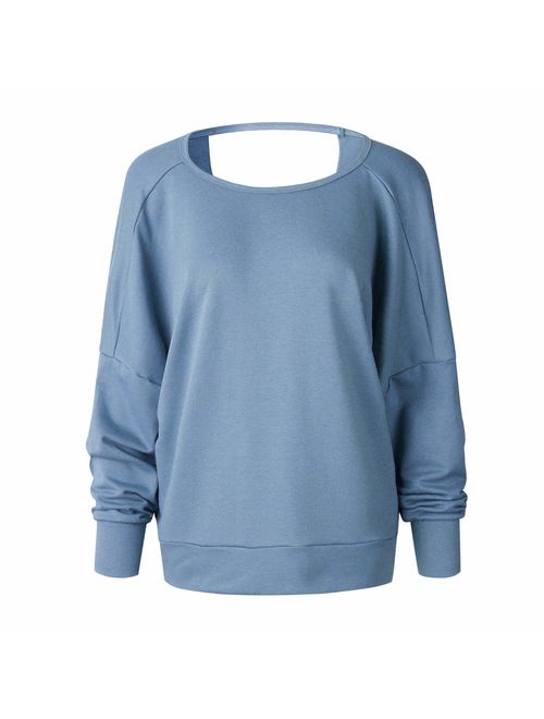 Women's Backless Loose Shirt Long Sleeve Open Back Cross Tee Top Blouse