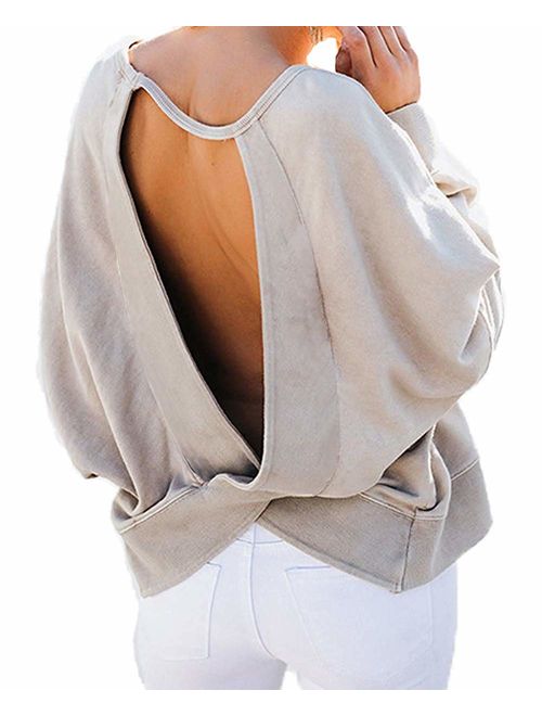 Women's Backless Loose Shirt Long Sleeve Open Back Cross Tee Top Blouse