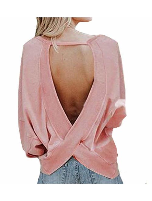 Women's Backless Loose Shirt Long Sleeve Open Back Cross Tee Top Blouse