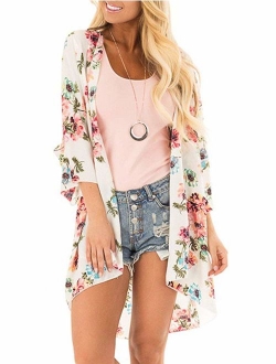 PRETTODAY Women's Floral Print Kimonos Loose Half Sleeve Shawl Chiffon Cardigan Blouses Casual Beach Cover Ups