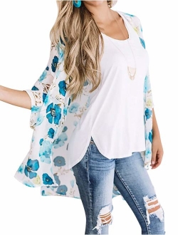 PRETTODAY Women's Floral Print Kimonos Loose Half Sleeve Shawl Chiffon Cardigan Blouses Casual Beach Cover Ups