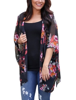 PRETTODAY Women's Floral Print Kimonos Loose Half Sleeve Shawl Chiffon Cardigan Blouses Casual Beach Cover Ups