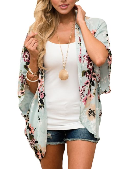 PRETTODAY Women's Floral Print Kimonos Loose Half Sleeve Shawl Chiffon Cardigan Blouses Casual Beach Cover Ups