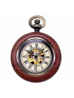 Vintage Wood Mechanical Pocket Watch for Men Women Steampunk Skeleton Dial with Chain   Gift Box