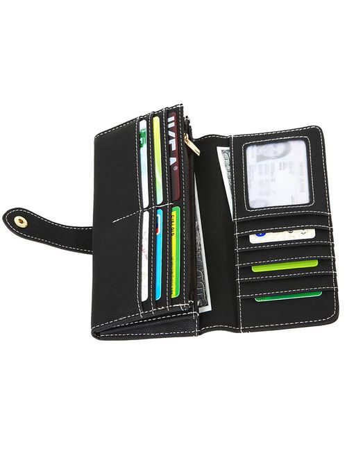 Women's Vegan Leather 17 Card Slots Card Holder Long Big Bifold Wallet