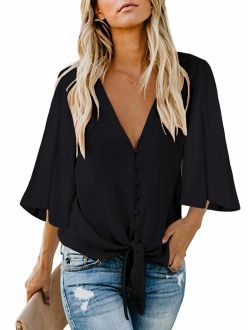 Womens Button Down V-Neck Tops Bell Short Sleeve Tie Knot Chiffon Summer Shirt Blouses