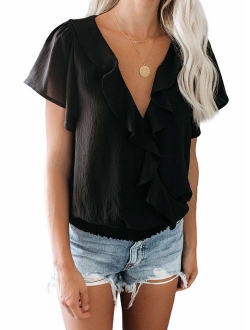 Womens Button Down V-Neck Tops Bell Short Sleeve Tie Knot Chiffon Summer Shirt Blouses