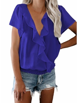 Womens Button Down V-Neck Tops Bell Short Sleeve Tie Knot Chiffon Summer Shirt Blouses