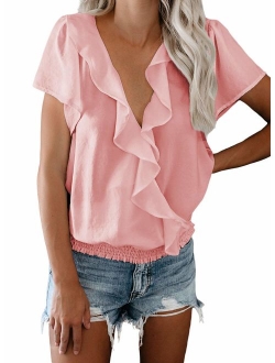 Womens Button Down V-Neck Tops Bell Short Sleeve Tie Knot Chiffon Summer Shirt Blouses