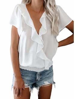 Womens Button Down V-Neck Tops Bell Short Sleeve Tie Knot Chiffon Summer Shirt Blouses