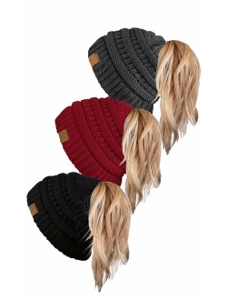 Funky Junque Ponytail Messy Bun BeanieTail Women's Beanie Solid Ribbed Hat Cap