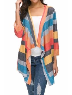 Women's 3/4 Sleeve Cardigans Striped Printed Open Front Draped Kimono Loose Cardigan