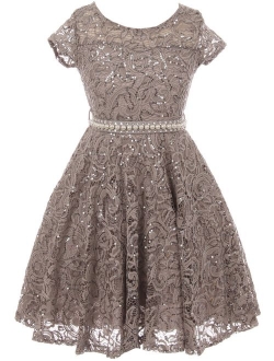 BNY Corner Cap Sleeve Floral Lace Glitter Pearl Holiday Party Flower Girl Dress