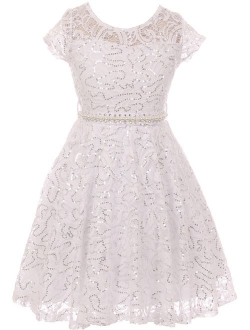 BNY Corner Cap Sleeve Floral Lace Glitter Pearl Holiday Party Flower Girl Dress