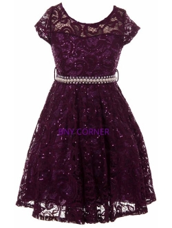 BNY Corner Cap Sleeve Floral Lace Glitter Pearl Holiday Party Flower Girl Dress