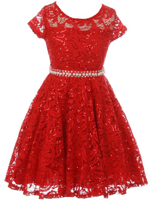 BNY Corner Cap Sleeve Floral Lace Glitter Pearl Holiday Party Flower Girl Dress