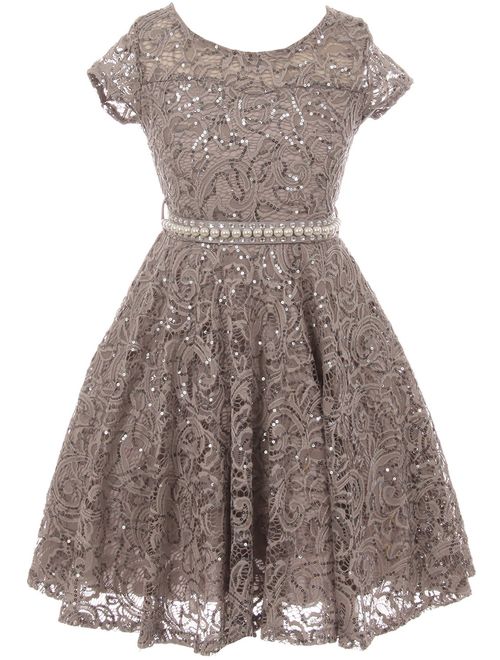 BNY Corner Cap Sleeve Floral Lace Glitter Pearl Holiday Party Flower Girl Dress