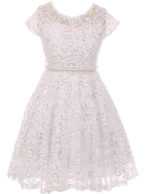 BNY Corner Cap Sleeve Floral Lace Glitter Pearl Holiday Party Flower Girl Dress