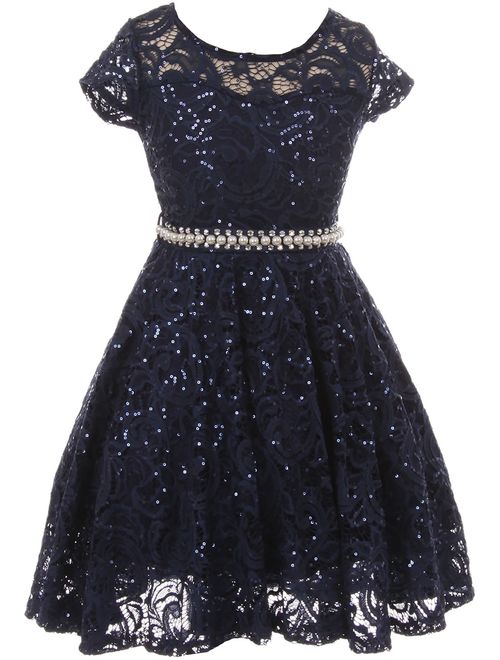 BNY Corner Cap Sleeve Floral Lace Glitter Pearl Holiday Party Flower Girl Dress