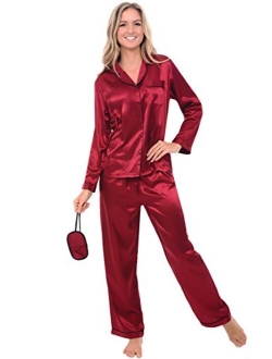 Women's Button Down Satin Pajama Set with Sleep Mask, Long Silky Pjs