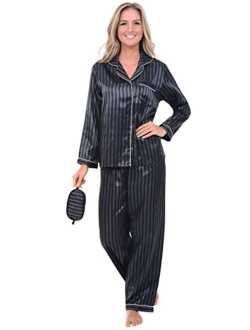 Women's Button Down Satin Pajama Set with Sleep Mask, Long Silky Pjs