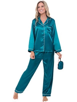 Women's Button Down Satin Pajama Set with Sleep Mask, Long Silky Pjs