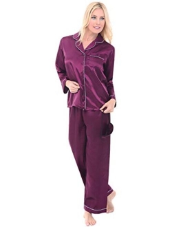 Women's Button Down Satin Pajama Set with Sleep Mask, Long Silky Pjs