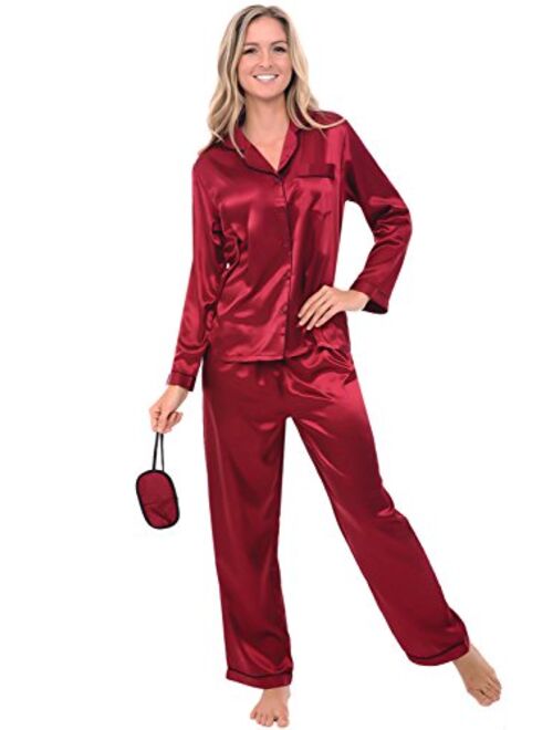 Alexander Del Rossa Women's Button Down Satin Pajama Set with Sleep Mask, Long Silky Pjs