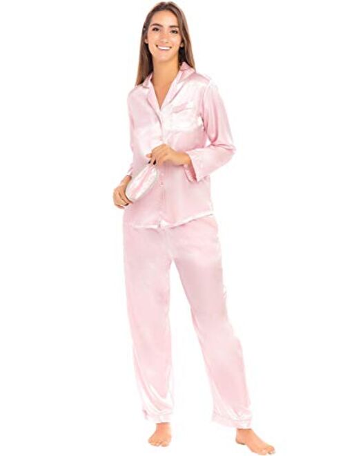 Alexander Del Rossa Women's Button Down Satin Pajama Set with Sleep Mask, Long Silky Pjs