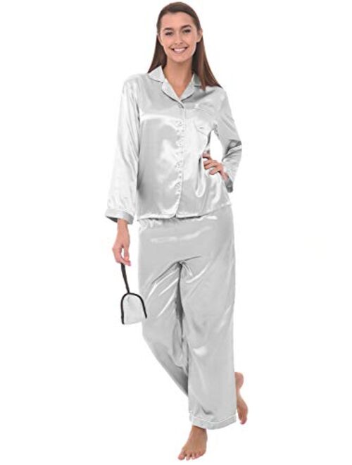 Alexander Del Rossa Women's Button Down Satin Pajama Set with Sleep Mask, Long Silky Pjs