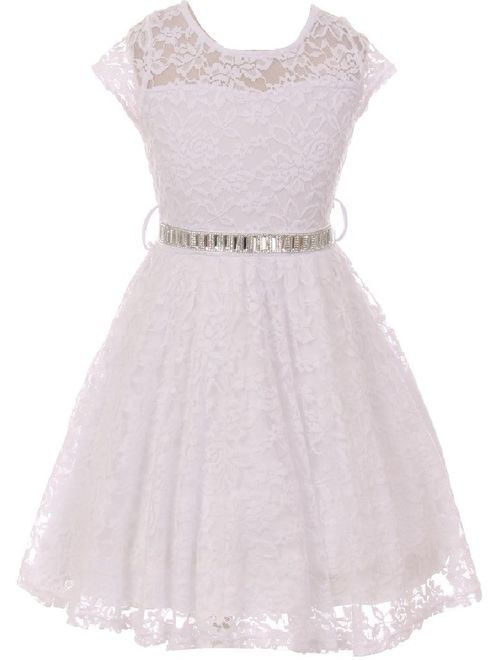 Little Girl Cap Sleeve Lace Skater Stone Belt Flower Girls Dresses