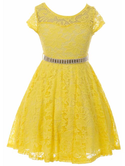 Little Girl Cap Sleeve Lace Skater Stone Belt Flower Girls Dresses