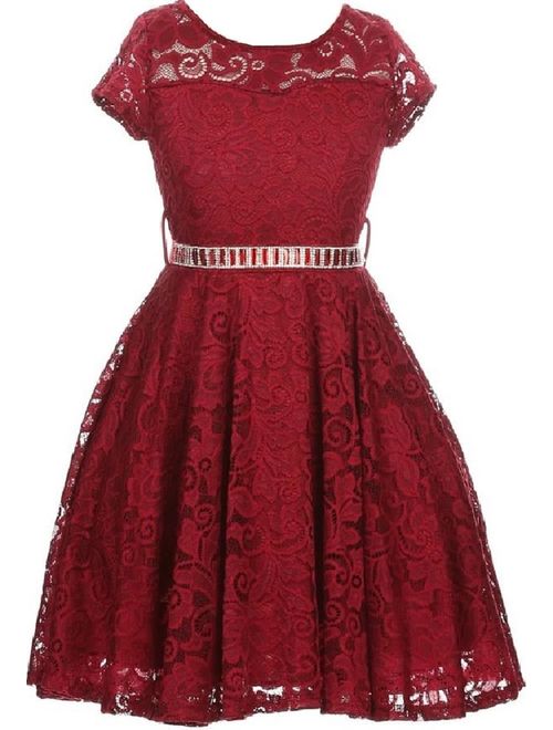 Little Girl Cap Sleeve Lace Skater Stone Belt Flower Girls Dresses