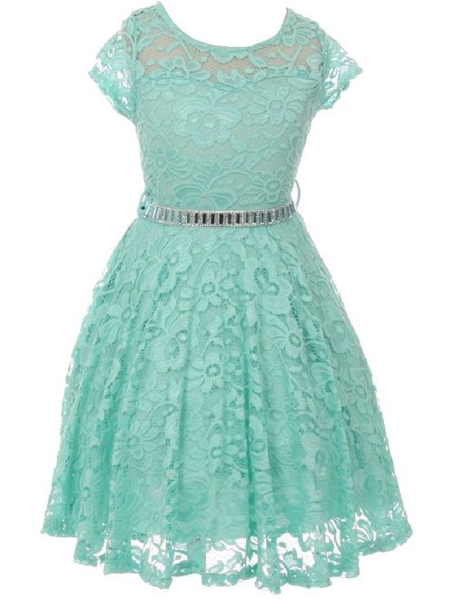 Little Girl Cap Sleeve Lace Skater Stone Belt Flower Girls Dresses