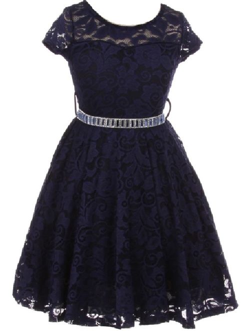 Little Girl Cap Sleeve Lace Skater Stone Belt Flower Girls Dresses