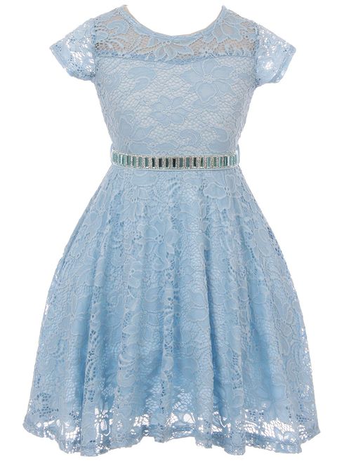 Little Girl Cap Sleeve Lace Skater Stone Belt Flower Girls Dresses