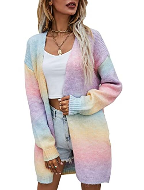 ECOWISH Womens Color Block Striped Draped Kimono Cardigan Long Sleeve Open Front Casual Knit Sweaters Coat Soft Outwear