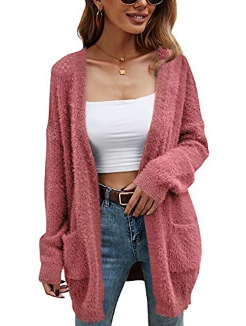 ECOWISH Womens Color Block Striped Draped Kimono Cardigan Long Sleeve Open Front Casual Knit Sweaters Coat Soft Outwear